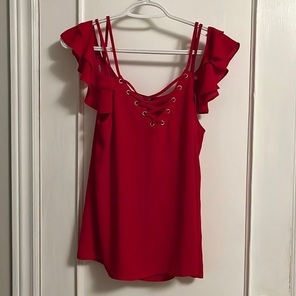Express Sleeveless blouse, red small, ruffle cap, double spaghetti strap - Picture 1 of 7